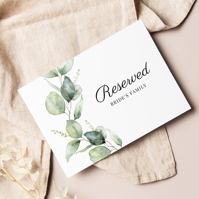 Reserverat Eucalyptus Greenery Bröllop-kort (Watercolor Eucalyptus Greenery Wedding Reception Table Reserved Card)