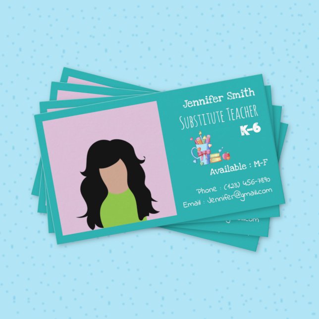 Reservlärarens Teal Affärskort med Foto Visitkort (Substitute teacher standard teal business cards with photo . )