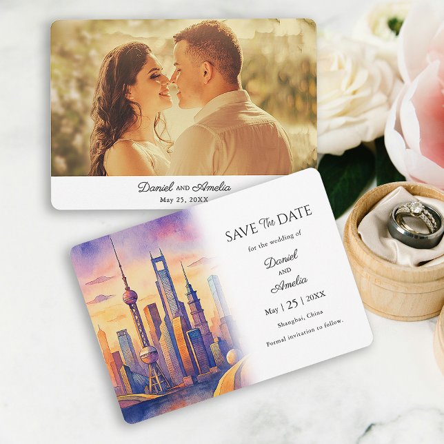 Resettema Shanghai, China Spara datumkortet Datumet (Travel Theme Shanghai, Save the Date Card)