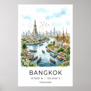 Resevattenfärgstryck, Bangkokskylinen och Poster