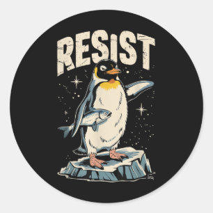 Resistent Penguin Holding Fish Funny Protest Vinta Runt Klistermärke