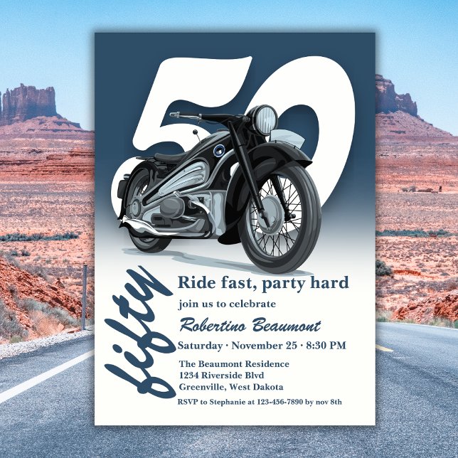 Resklassisk motorcykeltur Fågel 50-årsdag Inbjudningar (Skapare uppladdad)
