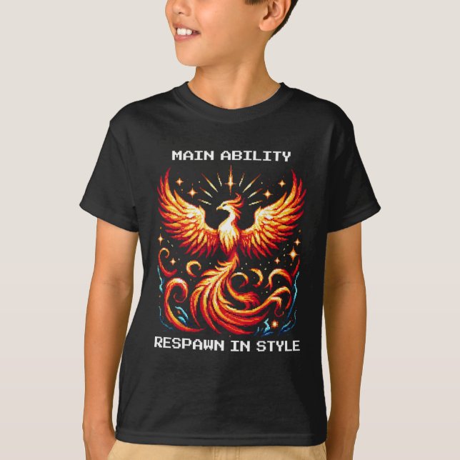 Respawn In Style Phoenix Pixel Revival Gamer Art  T Shirt (Framsida)