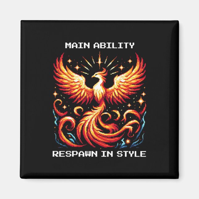 Respawn In Style Phoenix Pixel Revival Gamer Konst Magnet (Framsidan)