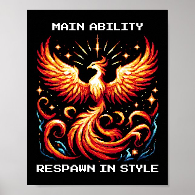 Respawn In Style Phoenix Pixel Revival Gamer Konst Poster (Framsidan)