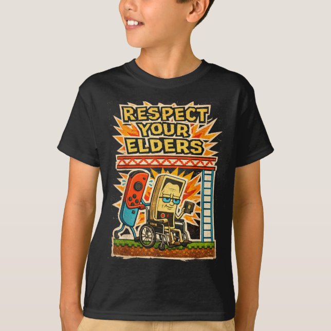 Respect Your Elders Funny Gamer Controller 80s Ret T Shirt (Framsida)