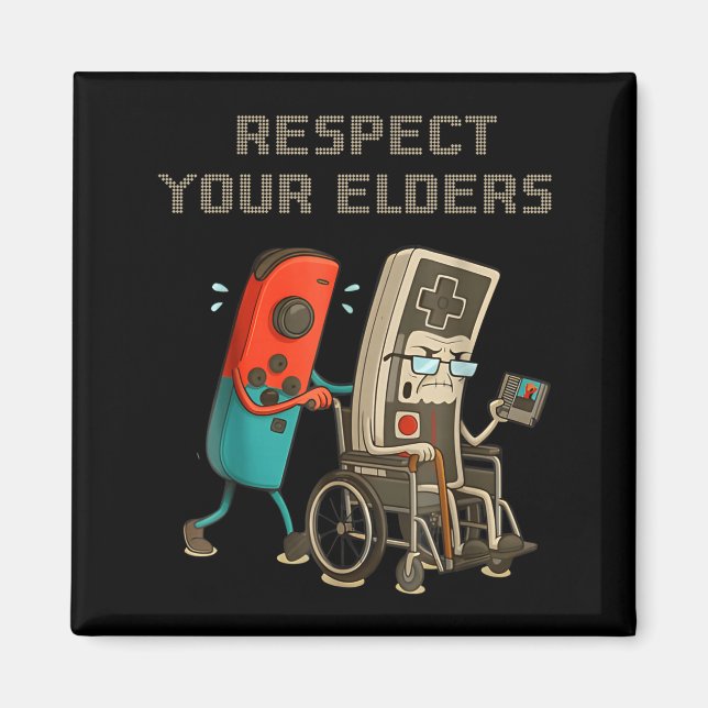 Respect Your Elders Funny Retro Gaming Clic Consol Magnet (Framsidan)