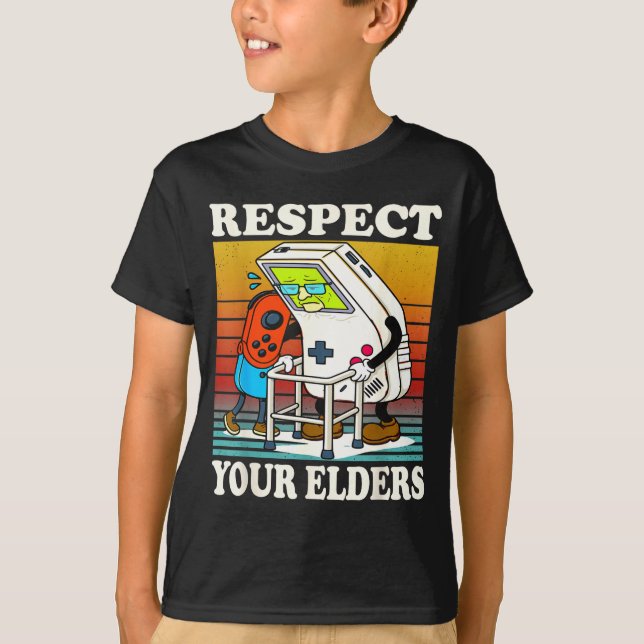 Respect Your Elders Gaming Control 80s Retro Funny T Shirt (Framsida)