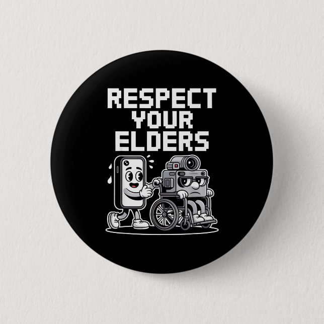 Respect Your Elders Retro Tech Camera Phone Cartoo Knapp (Framsida)