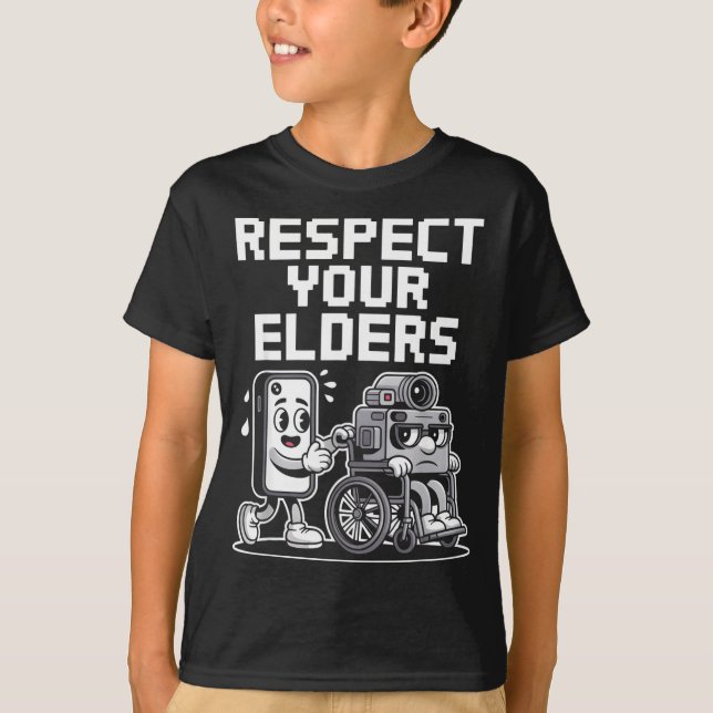Respect Your Elders Retro Tech Camera Phone Cartoo T Shirt (Framsida)