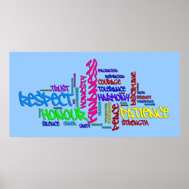 Respekt, kindness, Trust, Virtues ord art poster (Framsidan)