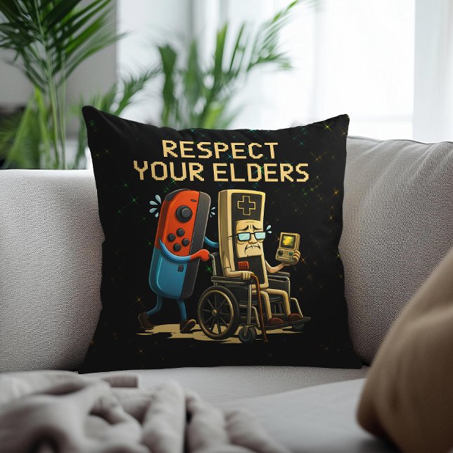 Respektera dina äldres spelkontroll Retro Roligt Kudde (Skapare uppladdad)