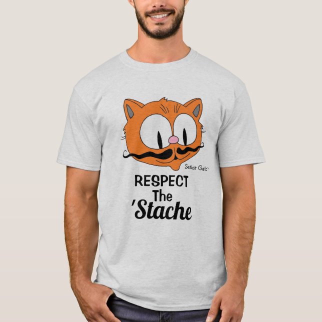 Respektera Stache Tecknad Mustache Cat T Shirt (Framsida)
