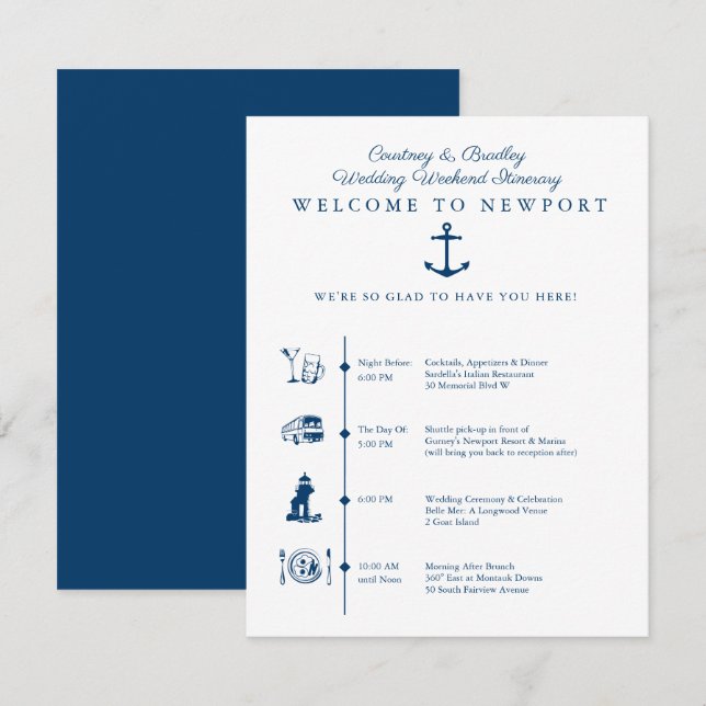 Resplan för Newport RI bröllopshelg Itinerary Tids Tilläggskort (Fram/baksida)
