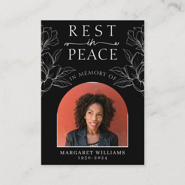 Rest in Peace Black Blommigt Photo Funeral Prayer Tilläggskort (Framsida)