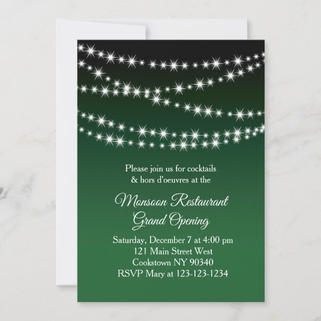 Restaurang Grand Open Twinkle Ljus mörk grönt Inbjudningar (Framsida)