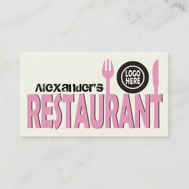 Restaurangplåt, rosa, svart vit visitkort (Framsida)