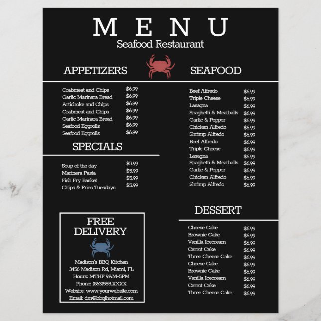 Restaurant Menu B-meny B för minimalistiskt skaldj Reklamblad (Framsidan)