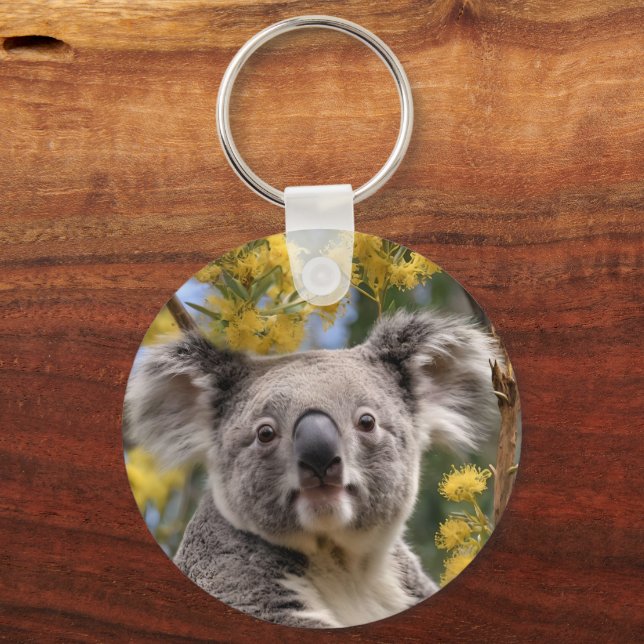 "Resten i Guld: A Koala i Träd i Wattle" Nyckelring (Framsida)