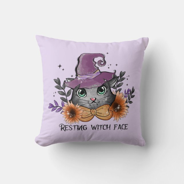 Resterande Witch Ansikte - Katt med Witch Hat Kudde (Framsida)