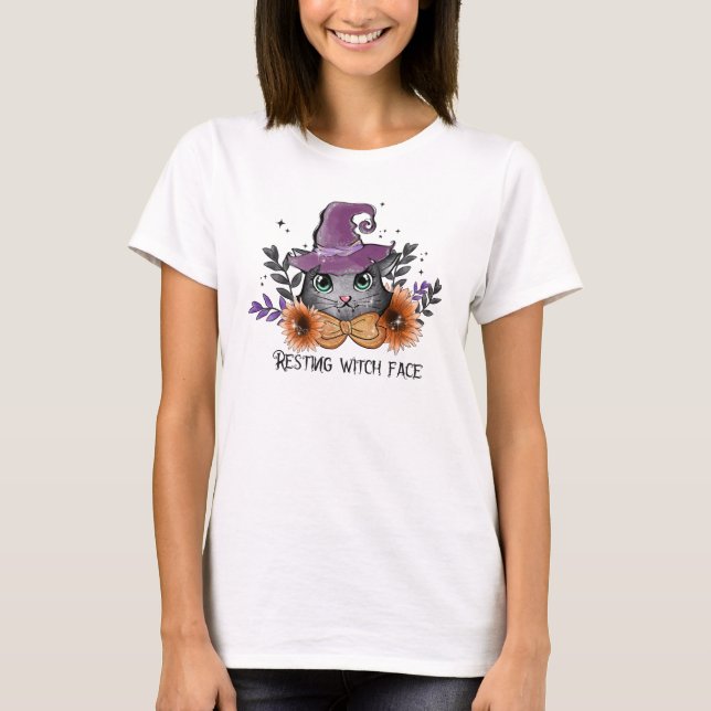 Resterande Witch Ansikte - Katt med Witch Hat T Shirt (Framsida)