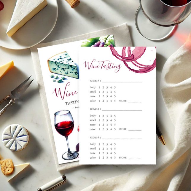 Resultattavla för vin-testning flygblad (Wine tasting scorecard features watercolor illustrations and a unique design by Victoria Grigaliunas)