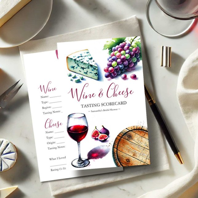 Resultattavla för vin-testning flygblad (Wine tasting scorecard features cute watercolor charcuterie theme by Victoria Grigaliunas )