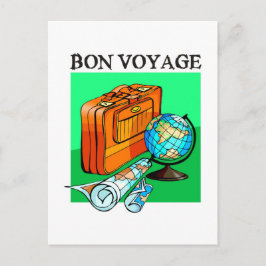 Resväska, bagage, karta och jord: Bon Voyage! Vykort
