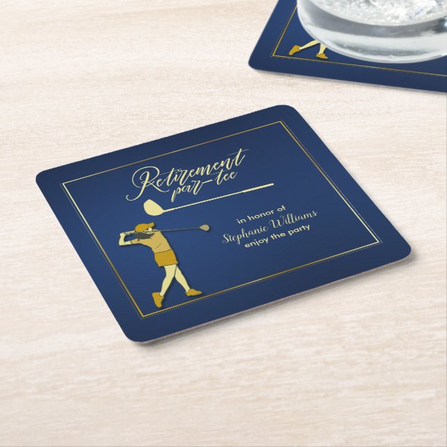 Retirement Golf Party Classic Blue Golden Woman  Underlägg Papper Kvadrat (Vinklad)