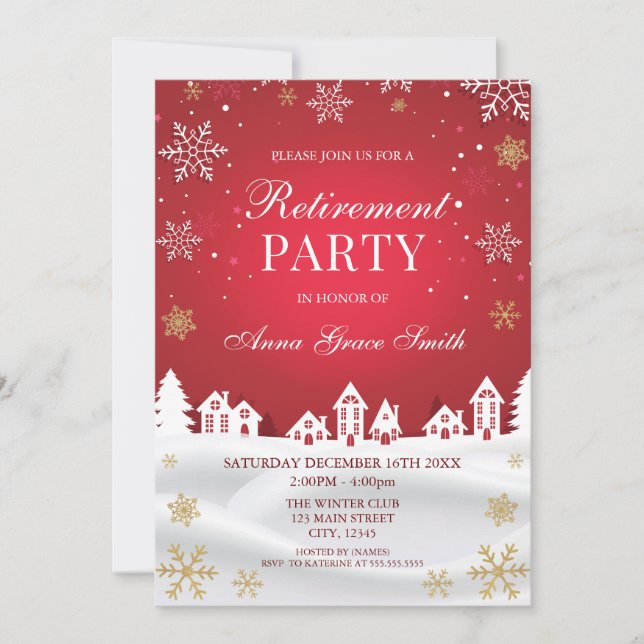 Retirement Holiday Party Red Winter  Invitation Inbjudningar (Framsida)