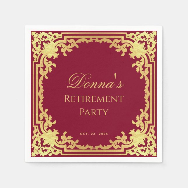Retirement Party Burgundy Faux Gold Elegant Script Pappersservett (Framsidan)