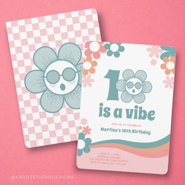 Retro 10:e inbjudan till Birthday Girl Party (This 10th birthday invitation is shown in 5x7 inches with rounded corners. )