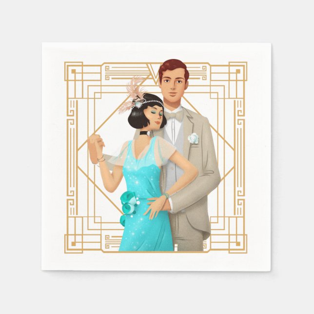 Retro 1920-talets Glam Couple Art Deco Guld Ram Pappersservett (Framsidan)