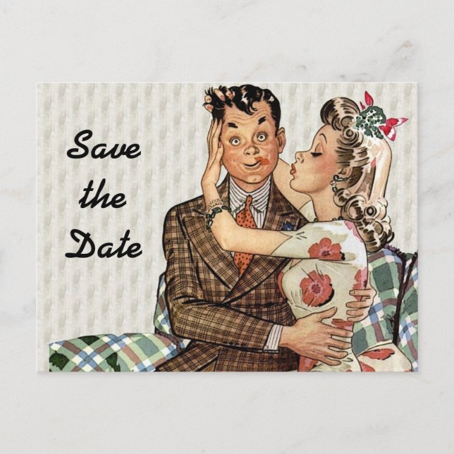 Retro 1940s Kissing Couple Save the Date Meddelande Vykort (Framsida)
