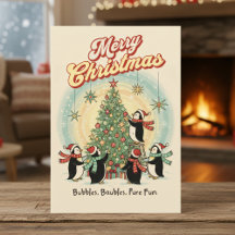 Retro 1950 Christmas Card with Penguins & Tree