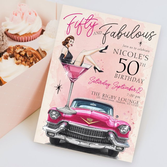 Retro 1950-tal Femtio och fantastisk Glam 50-årsda Inbjudningar (Retro 1950's watercolor Fifty and Fabulous pink old hollywood glam pinup birthday party invitation)