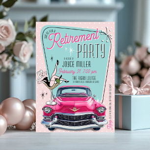 Retro 1950-tal Glamour Rosa Vintage Bil Pensionärs Inbjudningar