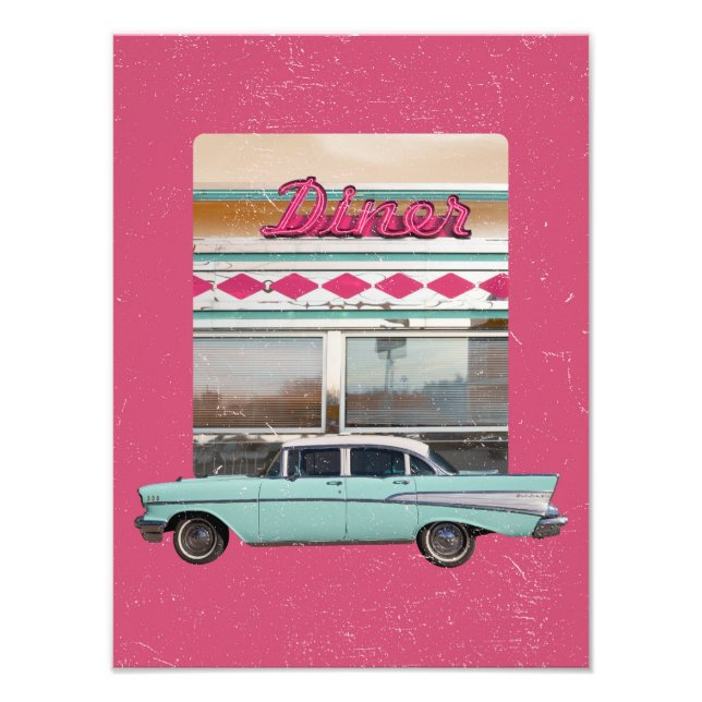 Retro 1950-talets Middag Art | Rosa Neon Sign & Te Fototryck (Framsidan)