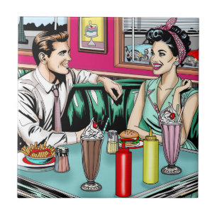 Retro 1950's Couple på Middag Kakelplatta