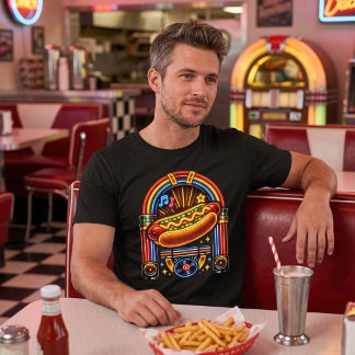 Retro 1950s Diner - Neon Jukebox Hot Dog T Shirt