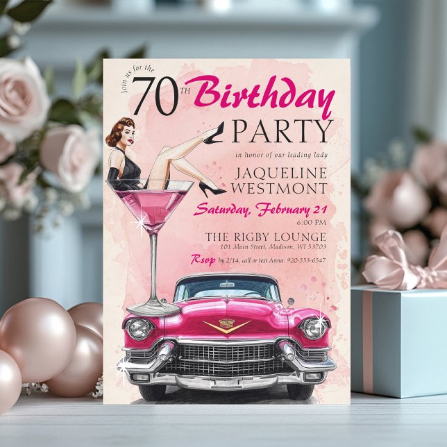 Retro 1950's Pink Hollywood Glam 70th Birthday Inbjudningar (Watercolor retro 1950's pink vintage cadillac old Hollywood glamour woman in martini 70th birthday)