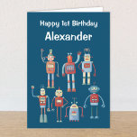 Retro 1950s robots Anpassningsbar Age & Namn Birth Meddelande<br><div class="desc">Rutrobotar för stil för sci-fi älskare. Anpassa genom att ändra åldern,  hälsning,  namn och insidan till kostym i tillfälle.</div>