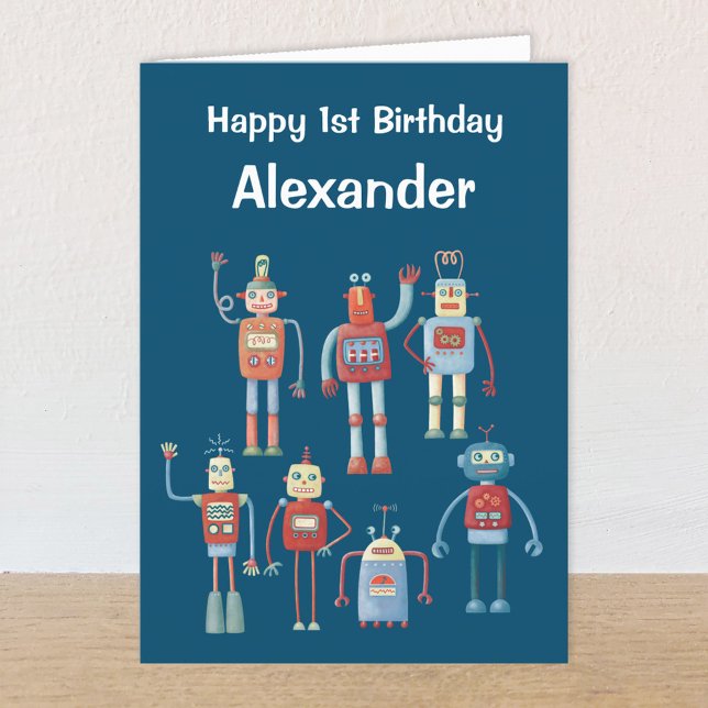 Retro 1950s robots Anpassningsbar Age & Namn Birth Meddelande (Retro robot first birthday card)