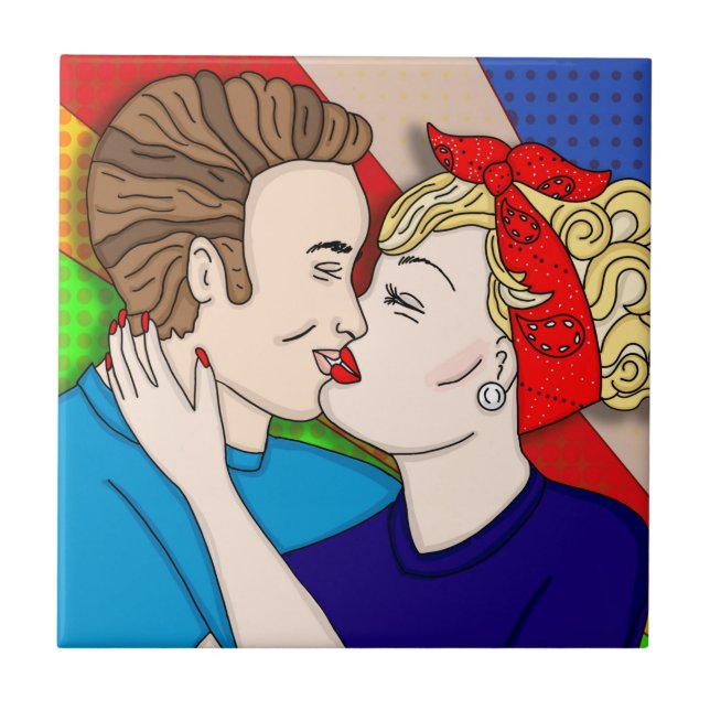 Retro 1950's Stil Pop Art Couple Kissing Kakelplatta (Framsidan)