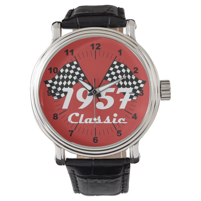 Retro 1957 Klassisk svart-vit rutflagga Armbandsur (Framsida)