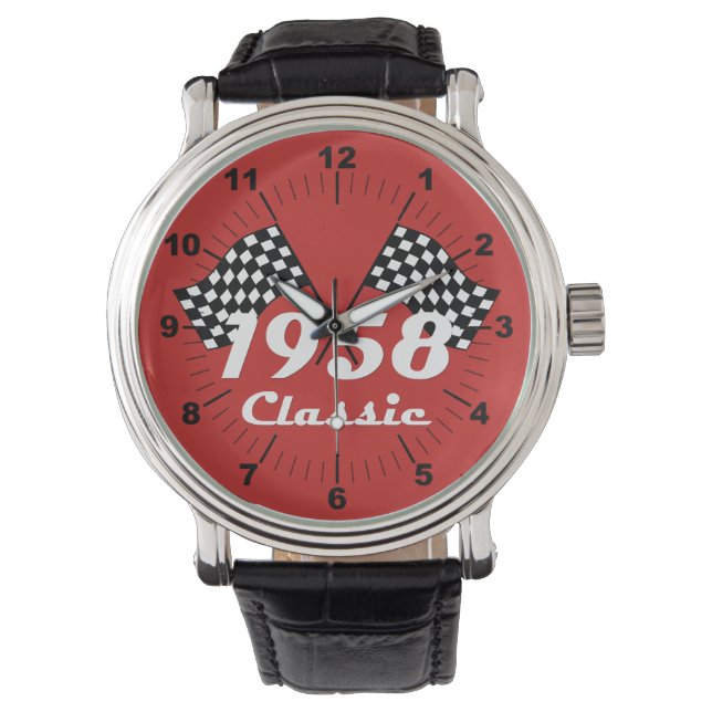 Retro 1958 Klassisk svart-vit rutig tävlingsflagga Armbandsur (Framsida)