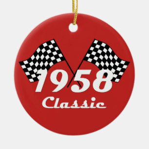 Retro 1958 Klassisk svart-vit rutig tävlingsflagga Julgransprydnad Keramik