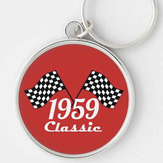 Retro 1959 Klassisk svart-vit rutflagga Rund Silverfärgad Nyckelring (Framsidan)