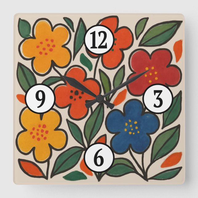 Retro 1960-tals stil blomster mönster fyrkantig klocka (Framsida)