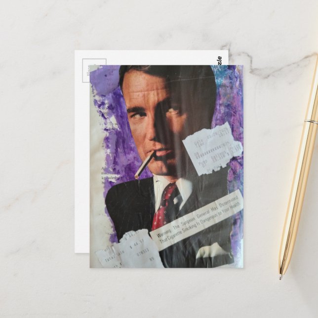 Retro 1960s era smoker man heath danger collage vykort (Fram/Back In Situ)